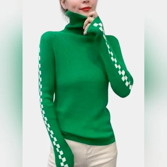 Zara Green Turtleneck Sweater with Checkered Sleeves - Picture 1 of 5